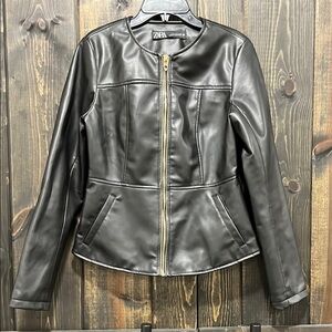Zara Faux Leather Jacket M Black Full Zip Gold Hardware Crop Length Peplum Look